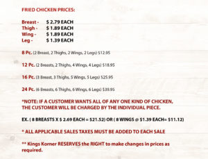An updated menu for Kings Korner