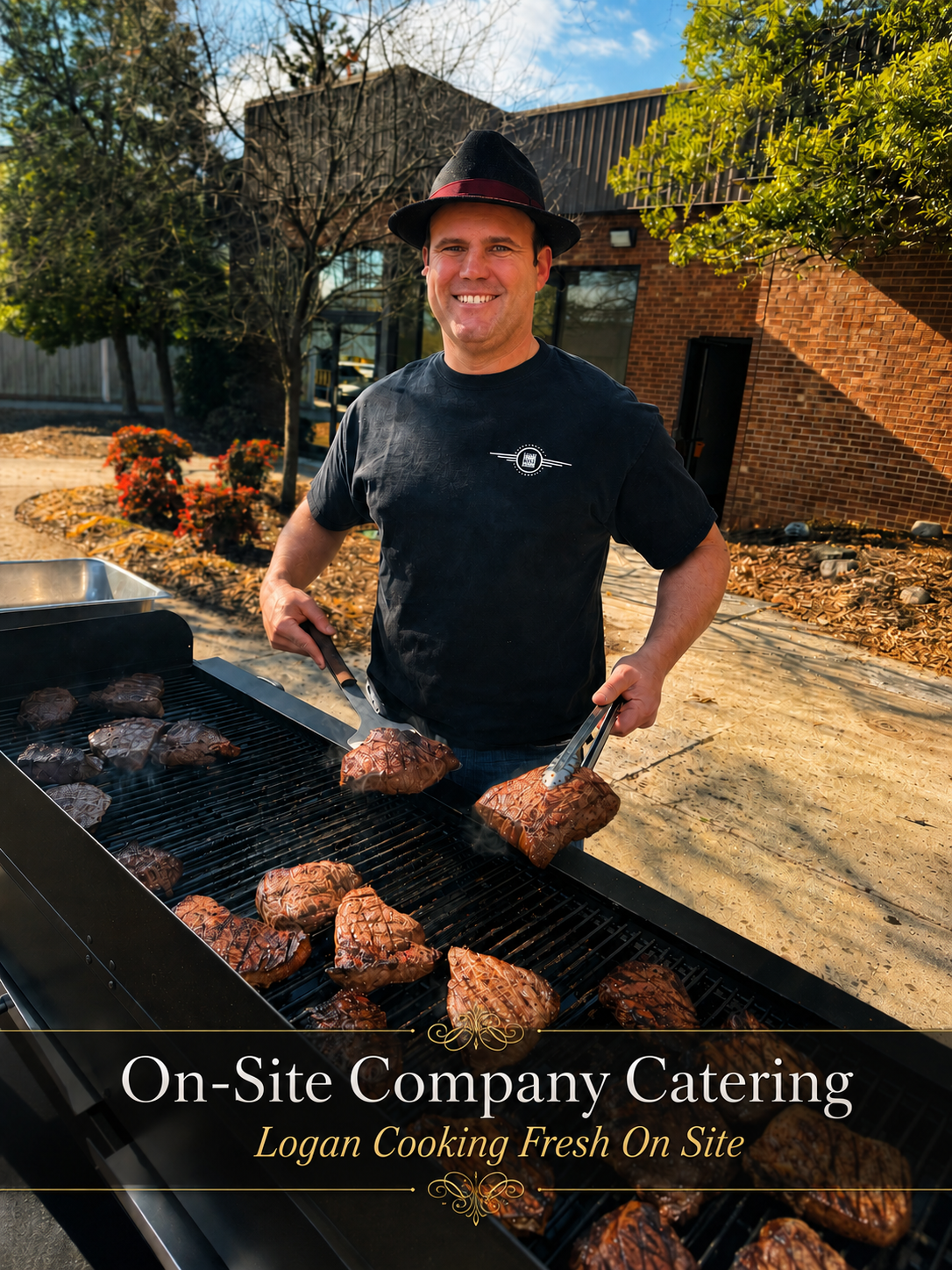 Logan Vaden cooking fresh food on site for a company catering event