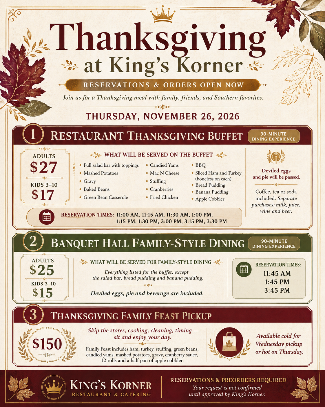 Thanksgiving 2026 dining and family feast options at King's Korner